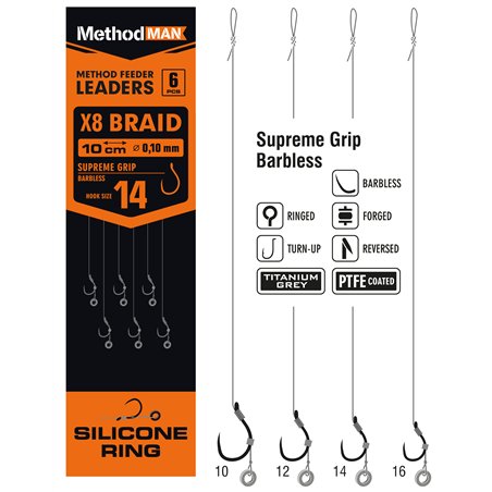 Przypon Method Feeder Z Gumką 3mm Z Haczykiem Methodman Supreme Grip Titanium Grey Barbless rozmiar 14 plecionka 0,10mm